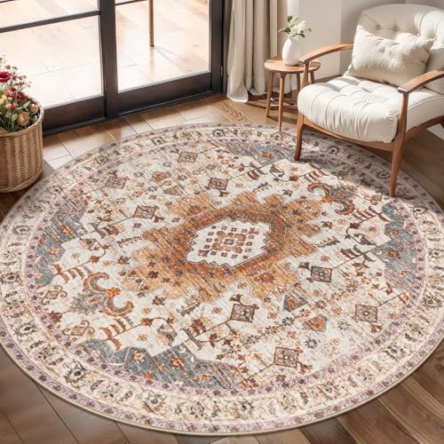 Tangsoo Washable Round Rug 4ft, Oriental Non Slip Small Circle Rug Turmeric by Tangsoo