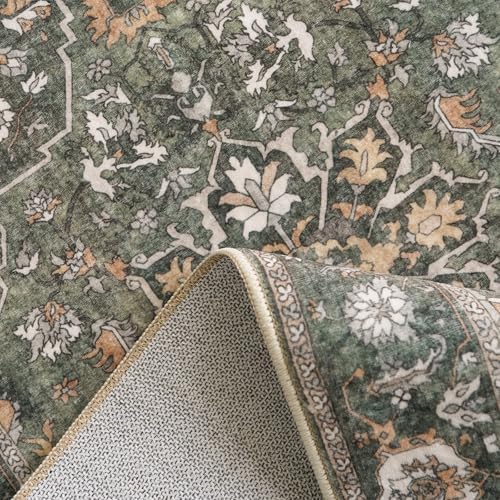 Washable 3x8 Hallway Runner Rug - Kitchen Rugs Ultra Soft Entryway Rug Runner Vintage Floral Floor Mat Non-Slip Low Pile Indoor Farmhouse Carpet for Bathroom Living Room Bedroom (Green,3x8) - Image 5