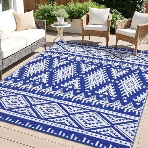 OLANLY Outdoor Rug 9x12 ft Waterproof Reversible Boho Mat, Blue & White by OLANLY
