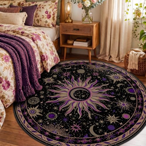 Vacuum-Friendly, Round 4ft Washable Area Rug, Black Purple Beige - Image 2