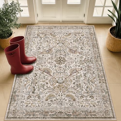 3x4 Large Entryway Rugs - Machine Washable Floral Area Rug for Bedside, Oriental Non-Slip Kitchen Floral Mats, Botanical Design Stain Resistant Carpet, Vintage Farmhouse Décor (Moss) by HazoHaus