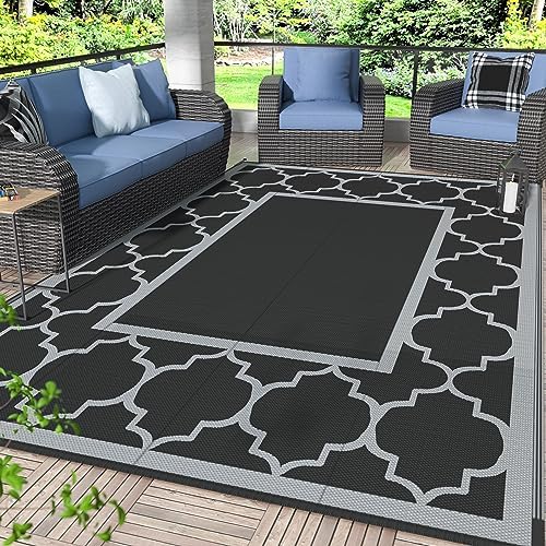 GENIMO Outdoor Rug, Waterproof Plastic Rugs for Patio, 5'x8' Black Grey by GENIMO
