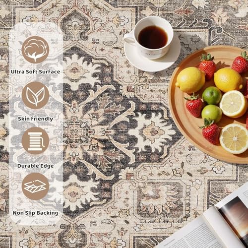 cotiled 5ft Round Living Room Area Rug, Washable, Traditional, Brown - Image 3