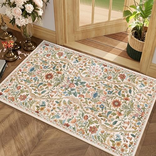 Floral 2x3 Entryway Rug Washable Doormat Indoor Throw Rug, Beige by NakedCloud