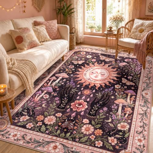 YIHOUSE 2x8 Black and Pink Washable Runner Rug Hallway Kitchen, Boho Gothic - Image 4