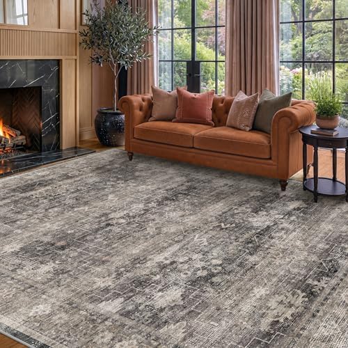 Modern 8x10 Charcoal and Beige Area Rug for Living Room, Washable Farmhouse Boho Rug for Bedroom, Distressed Oriental Geometric Design, Stain Resistant Low Pile Non-Slip Ultra Soft, Moody Décor by Unknown