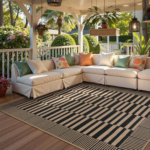 Lahome Striped Outdoor Patio Rug 5x7, Black Washable Rug for Living Room - Image 2