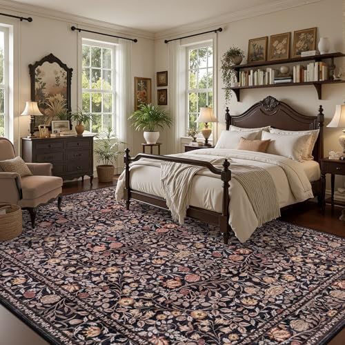 8x10 Area Rug Living Room: Soft Floral Washable Boho Carpet Brown - Image 3