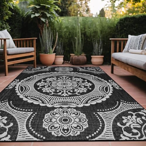 Luul Home Medallion Outdoor Rug 10x14 Washable Outside Carpet for Indoor Patio Porch Waterproof Easy Cleaning Non Shedding Area Rugs Black 10 x 14 by Unknown