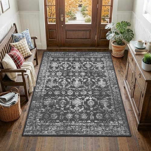4x5 Washable Bedroom Area Rug Non-Slip Vintage Black Throw Carpet - Image 4