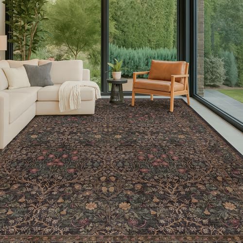 Washable Area Rugs 9x12 Living Room - Dark Brown Large Rug for Dining Room Under Table, Bedroom, Soft Low Pile Non-Slip Stain Resistant Carpet - Vintage Floral Plant Design by HazoHaus