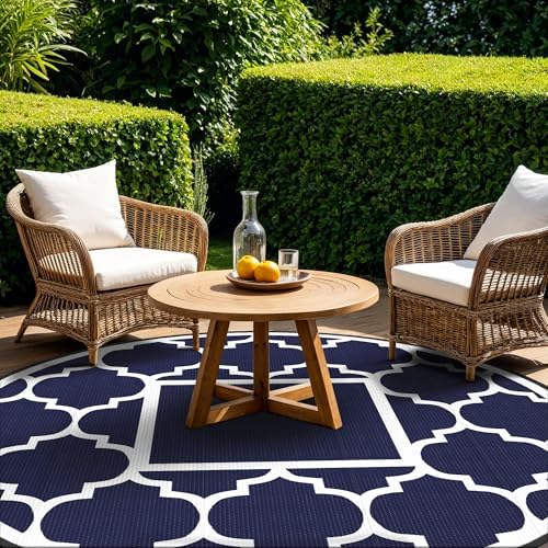 GENIMO Outdoor Rug, Waterproof Plastic Rugs for Patio, 10' Round Blue White - Image 2