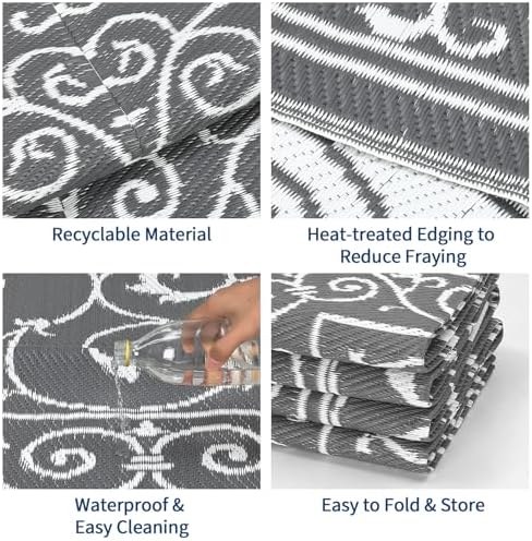 GAOMON Outdoor Rug Waterproof 9x12 Patio Rug Durable Indoor Outdoor RV Mat, Reversible Camping Carpet, Foldable Plastic Straw Rug for Patio, Porch, Deck, Balcony, Beach,Vintage-Grey - Image 3
