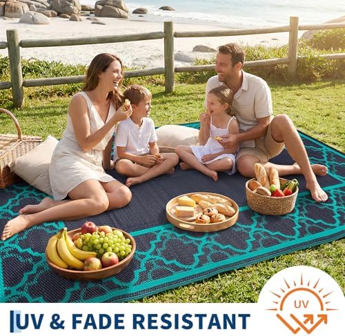 Garvee Reversible Outdoor Rug 10x14, Waterproof Outdoor Plastic Rug Navy - Image 3