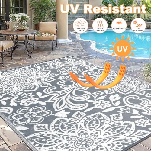 Findosom Waterproof Outdoor Rug 6' x 9' - Reversible Mandala Outdoor Plastic Straw Rug, Durable Foldable Patio Rug for RV, Deck, Balcony, Backyard, Picnic, Porch, Camping, Beach, Gray - Image 4