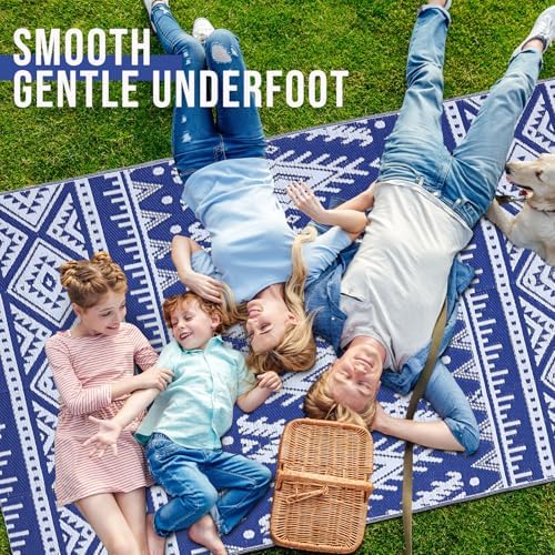 OLANLY Outdoor Rug 5x8 ft Waterproof Reversible Boho Mat, Blue & White - Image 5