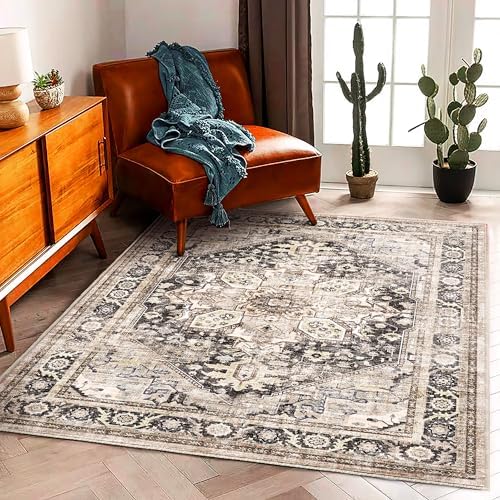 CHAMPLANT Area Rug 6'x9' Black-Purple Khaki Washable Vintage Traditional Floor Cover Thin Retro Kitchen Indoor Distressed Non Slip Carpet for Living Room Bedroom Dining Room - Image 2