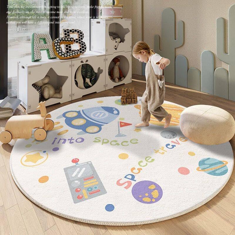 Poowe Space Travel Area Rug, Round Kids Room Decoration, Washable Non-Slip Rug for Bedroom,Round 39.4" by Poowe