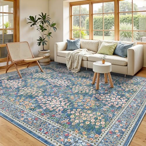 6x9 Area Rugs, Washable Floral Area Rugs for Living Room, Indoor Area Rug for Bedroom, Dining Room, Low Pile Non-Slip Non Shedding Rug(Blue Floral) by Yarooge
