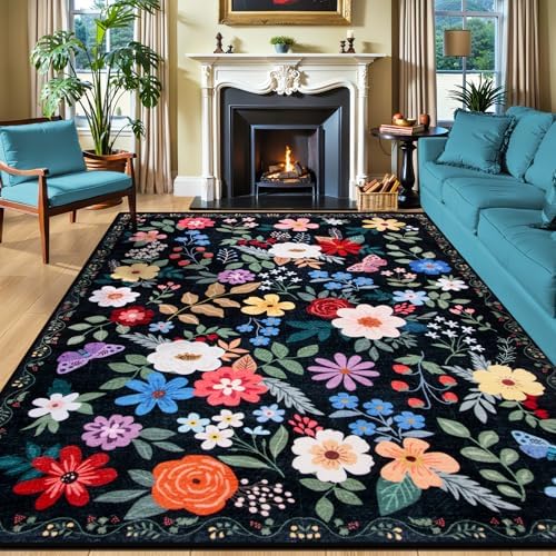 PLHXFR 8x10 Area Rug Living Room: Floral Washable Boho Soft Carpet Black by PLHXFRSoftAreaRugs