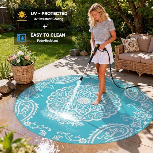 Pauwer Outdoor Rug 8ft, Waterproof Plastic Straw Camping Rug, Boho Teal - Image 4