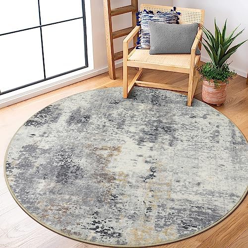 Lahome Modern Abstract Round Rug - 5Ft Grey Living Room Rugs Washable 5x5 Circle Rugs Indoor Dining Table Mat, Soft Non Slip Low Pile Office Carpet for Bedroom Playroom Kitchen Coffee Table by Lahome