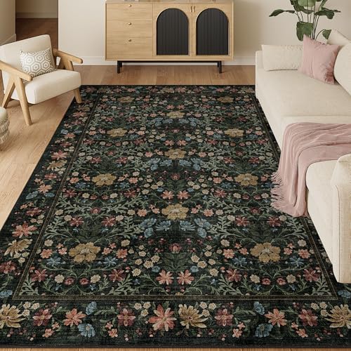 DUKINO 6x9 Area Rug, Vintage Floral Washable Rugs for Living Room, Black by DUKINO