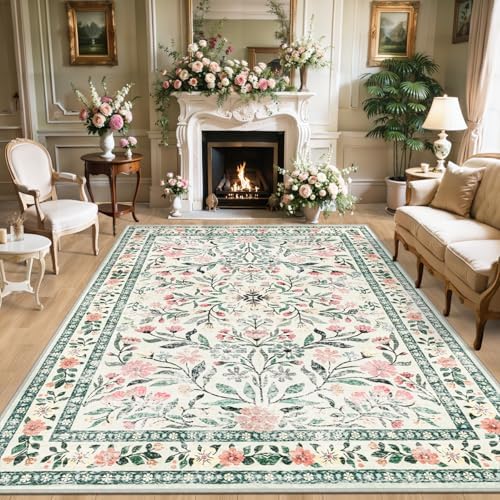 PLHXFR Area Rug 9x12 Living Room: Floral Washable Boho Carpet Green Beige by PLHXFRSoftAreaRugs