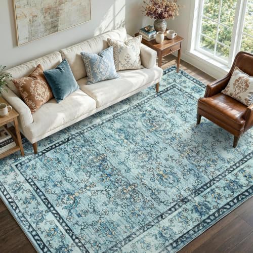 6x9 Ft Vintage Area Rugs for Living Room, Thin Soft Washable Carpet Blue by Cuzwlovita