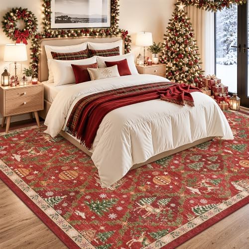 Christmas 8x10 Area Rugs for Living Room, Red Washable Xmas Bedroom Rug - Image 3