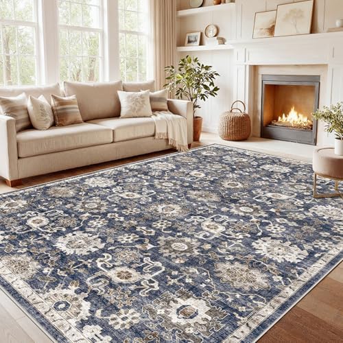 Amada 8x10 Washable Area Rug for Living Room, Blue/Brown, Vintage Pattern by AMADAHOMEFURNISHING