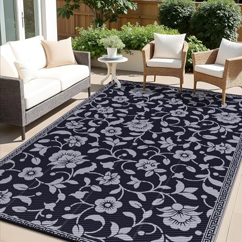 OLANLY Outdoor Rug 8x10 ft Waterproof Reversible Floral Mat, Black & Grey by OLANLY
