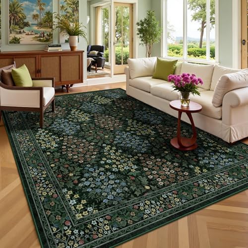 5x7 Area Rugs, Vintage Washable Rug for Bedroom, Indoor Non-Slip Rugs for Living Room, Dining Room, Low Pile Floral Rug(Dark Green Floral) by Yarooge