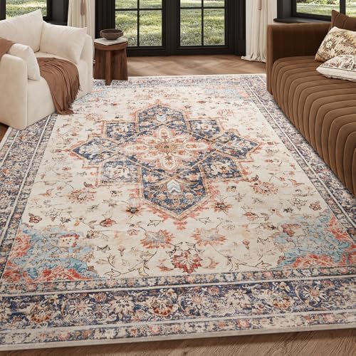 6x9 Beige Blue Orange Washable Area Rug for Living Room, Vintage Print by Unknown
