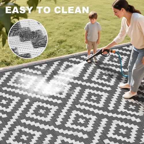RURALITY Outdoor Rugs 9x12 Feet for Patios Clearance,Plastic Straw Waterproof Mats for Backyard,Porch,Deck,Balcony,Grey&White - Image 5
