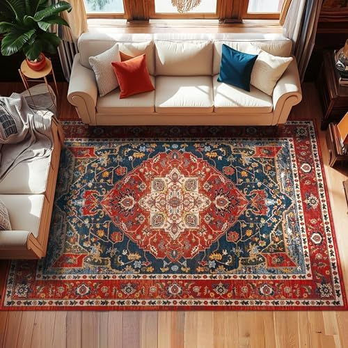 YJ.GWL Area Rugs for Living Room 6x9 Machine Washable Rugs, Non Slip Floral Vintage Rug Indoor Carpet, Stain Resistant Large Rug for Bedroom Dining Room, Orange-Red - Image 3