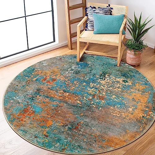 Lahome Modern Abstract Round Rug 5Ft - Colorful Washable 5x5 Circle Rugs for Living Room Bedroom Non Slip, Soft Indoor Floor Carpet for Dining Table Bathroom Nursery Dorm Decor by Lahome