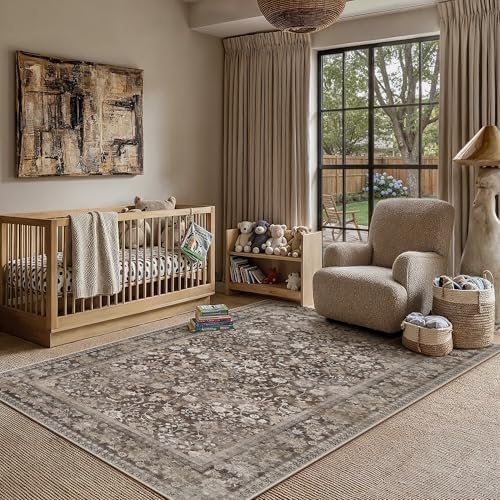 HUGEAR 5x7 Coffee Brown Vintage Floral Washable Area Rug for Living Room - Image 2