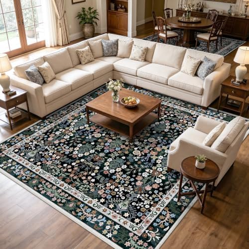 Square 8x8 Area Rug Non-Slip: Washable Stain Resistant Vintage Rug Black by HILORUUG