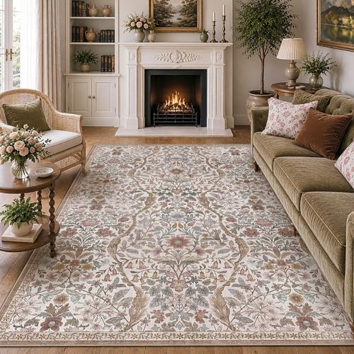 Floral Area Rug 6x9 Botanical Washable Carpet for Living Room by NakedCloud