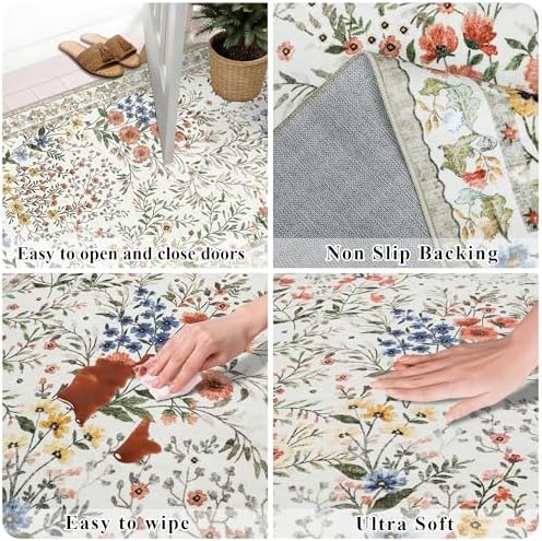 8x8 Square Area Rug Living Room, Non-Slip Floral Washable 8ft Square Rug Low Pile Thin Indoor Carpets for Dining Room Bedroom Office High Traffic Area Boho Vintage Home Decor (8ft Square, Beige) - Image 7