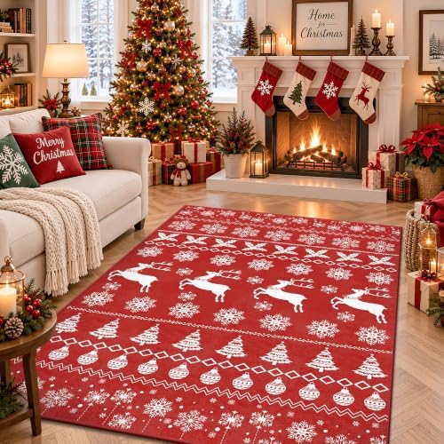 Christmas Red 4x6 Area Rugs for Entryway, Washable Rug Soft Non-Slip Low Pile Christmas Tree Elk Snowflake Small Carpet for Kitchen Living Room Bedroom Kids Nursery Holiday Throw Home Decor(Red Elk) by Yarooge