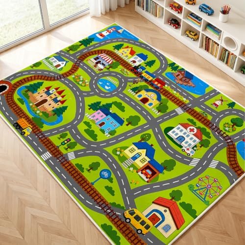 5x7 Ft Car Rug Play Mat for Kids, Non Slip Car Train Track Rug Town City Road Map Playmat for Children, Washable Carpet for Boy Playroom Bedroom - 60"x84" by Bildenly