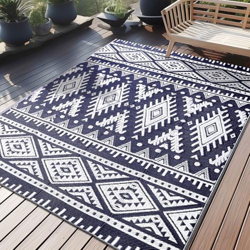 OLANLY Outdoor Rug 5x8 ft Waterproof Reversible Boho Mat, Navy & White by OLANLY