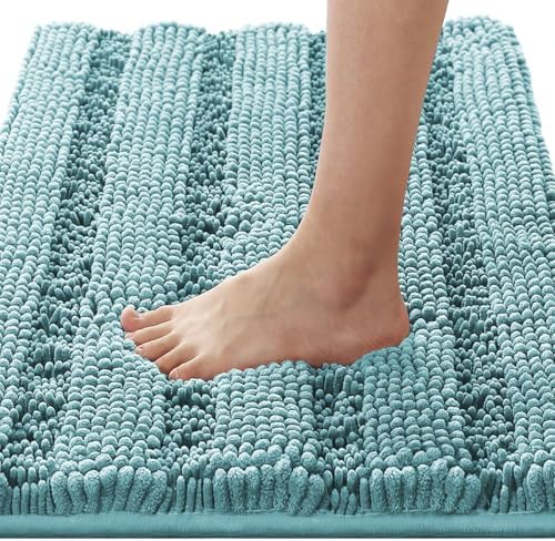H.VERSAILTEX Bathroom Rugs Bath Rugs for Bathroom Non Slip Bath Mats Extra Thick Chenille Striped Rug 17" x 24" Absorbent Soft Shaggy Washable Dry Fast Bath Mats for Bath Room Floor - Aqua Haze by HVERSAILTEX