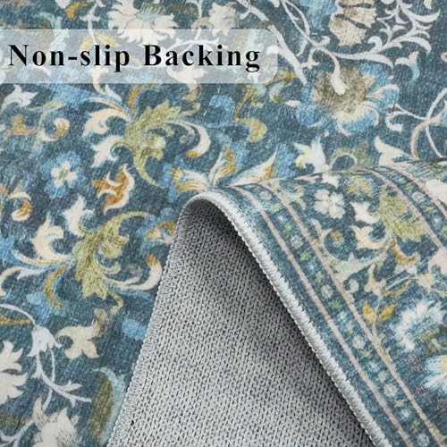 4x8 Washable Kitchen Area Rug: Farmhouse Stain-Resistant Elegant Floral Rug for Living Room Bedroom Wide Soft Carpet for Entryway Bathroom Thin Hallway Floor Mat with Non Slip Backing(4x8,Floral/Blue) - Image 3