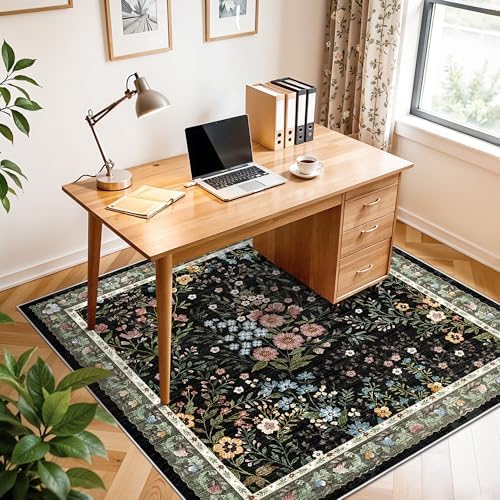 4x4 Square Entry Rug Entryway Foyer: Non-Slip Floral Washable Rugs for Living Room Indoor Floor Kitchen Bedroom - Soft Thin Doormat Carpet Boho Vintage Home Decor (4ft Square, Black) - Image 4