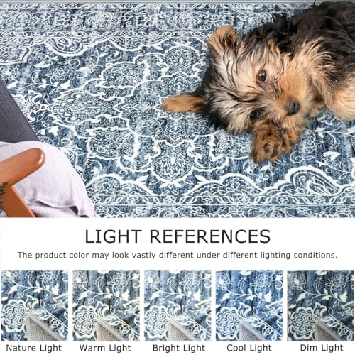 KUTA Floral Area Rug 4x6 Living Room Washable Rugs Vintage Blue White - Image 4