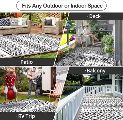 Waterproof Outdoor Rug 6x9ft, Bohemia Reversible Plastic Straw Mat for Patio RV Deck Porch Backyard Balcony Camping Picnic Beach Indoor Outdoor Carpet, Black&White - Image 4