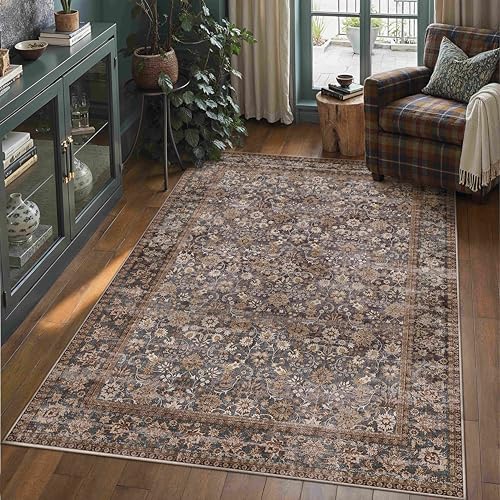HUGEAR 5x7 Brown Blue Vintage Floral Washable Area Rug for Living Room by HUGEAR